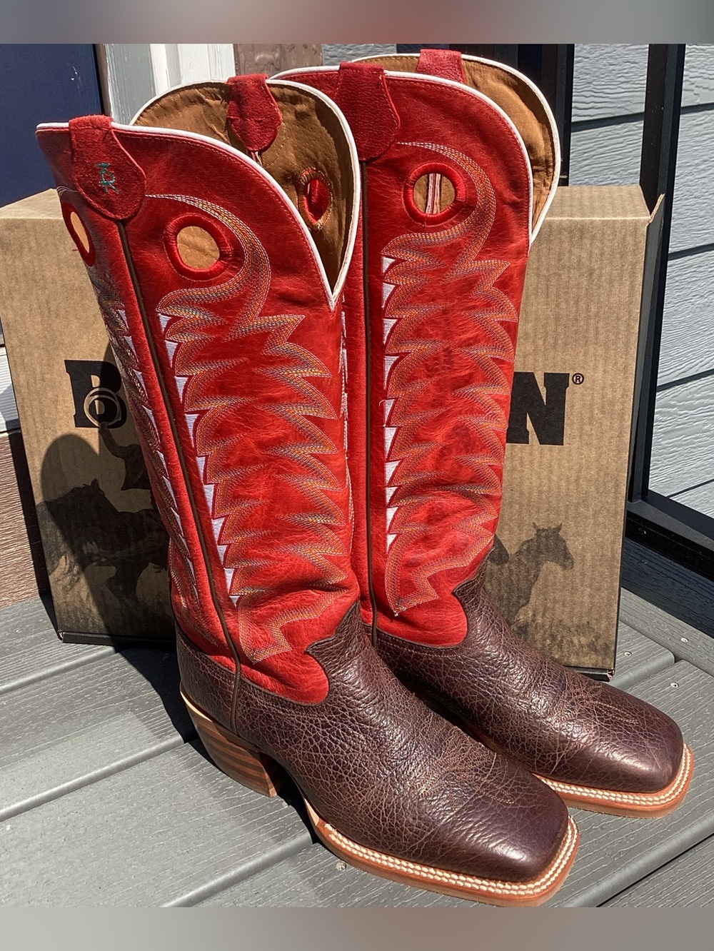 Tony Lama 3R Model #R1027 9.5D Brown Square with 17” Red Tall Tops Cowboy Boots